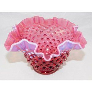 Vintage Fenton Cranberry Opalescent Hobnail Ruffled Edges 4" TALL Glass Bowl